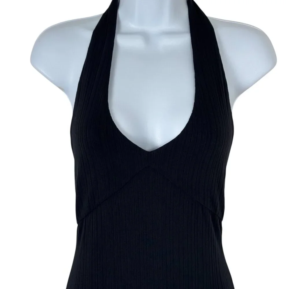L*Space Black Bodycon Tie Halter Dress Size SM Maxi Ribbed Stretchy Casual LBD
